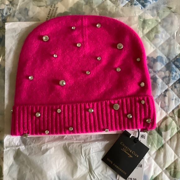 Charter Club Cashmere Embellished Cuffed Beanie Pink OS main image 9